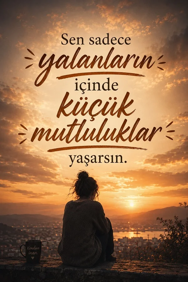 Gün batımında şehir manzarasına karşı oturan bir kadının bulunduğu görselde, “Sen sadece yalanların içinde küçük mutluluklar yaşarsın.” sözü yer alıyor.