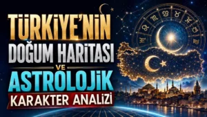 Türkiye’nin doğum haritası ve astrolojik karakter analizi başlıklı, Türkiye haritası, ay yıldız, burç çemberi, yıldızlar ve İstanbul silüeti içeren astroloji kapak görseli.
