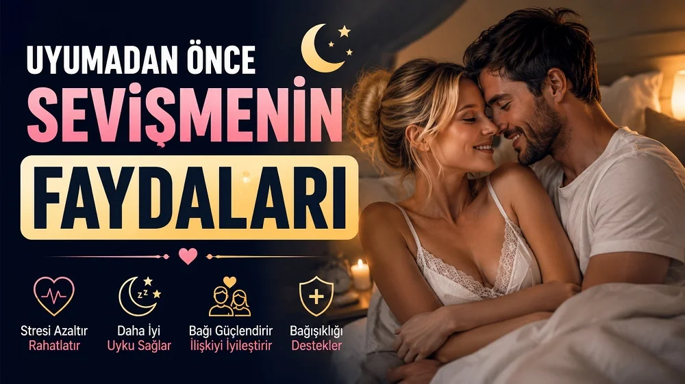 Uyumadan Önce Sevişmenin Faydaları başlıklı, romantik yatak odasında birbirine sarılan çift, mum ışıkları, ay-yıldız, kalp ve uyku ikonları içeren ilişki temalı kapak tasarımı.
