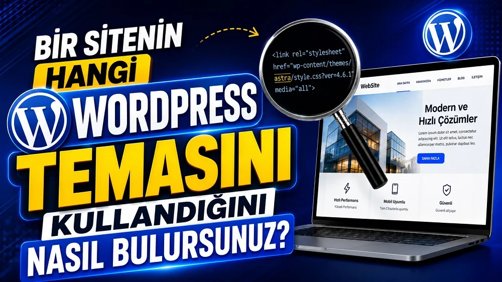 Bir Sitenin Hangi WordPress Temasını Kullandığını Nasıl Bulursunuz? başlıklı, WordPress logosu, laptop ekranı ve büyüteç detayı bulunan modern teknoloji temalı kapak görseli.