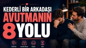 Kederli Bir Arkadaşı Avutmanın 8 Yolu başlıklı, üzgün bir kişiye destek olan arkadaş figürlü, koyu lacivert ve mercan tonlarında hazırlanmış modern dostluk ve destek temalı kapak görseli.