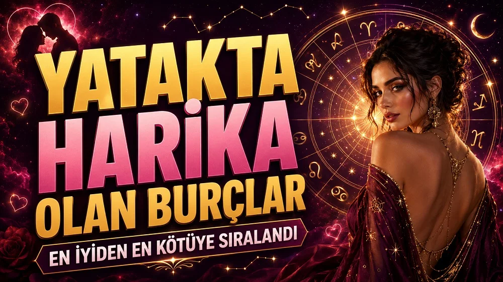 Yatakta harika olan burçların en iyiden en kötüye sıralandığını anlatan; burç çarkı, romantik kalp detayları, yıldızlı arka plan ve kadın figürü içeren bordo pembe tonlarda astrolojik kapak görseli.
