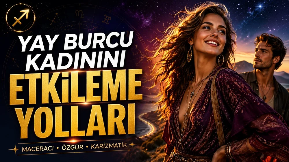 Yay Burcu Kadınını Etkileme Yolları başlıklı, özgür ruhlu kadın ve onu etkileyen erkek figürlü, Yay burcu sembolü bulunan mor ve altın tonlarında modern astroloji kapak görseli.