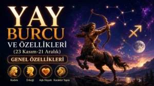 Yay burcu başlığı, okçu figürü, yıldızlı gökyüzü, burç sembolü ve genel özellik simgeleriyle hazırlanmış astroloji kapak görseli.