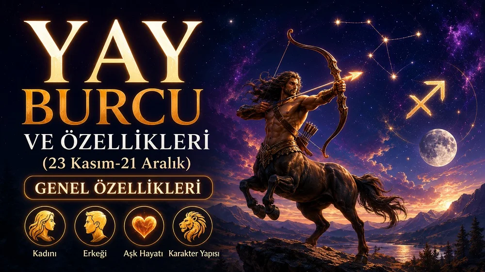 Yay burcu başlığı, okçu figürü, yıldızlı gökyüzü, burç sembolü ve genel özellik simgeleriyle hazırlanmış astroloji kapak görseli.