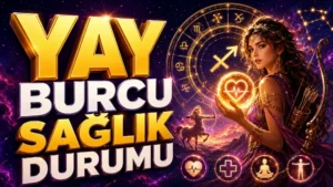 Yay Burcu Sağlık Durumu başlıklı, Yay burcu sembolü, okçu kadın figürü, astroloji çemberi, kalp ve sağlık ikonları içeren astroloji kapak tasarımı.