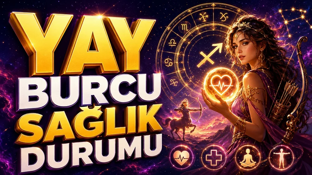 Yay Burcu Sağlık Durumu başlıklı, Yay burcu sembolü, okçu kadın figürü, astroloji çemberi, kalp ve sağlık ikonları içeren astroloji kapak tasarımı.