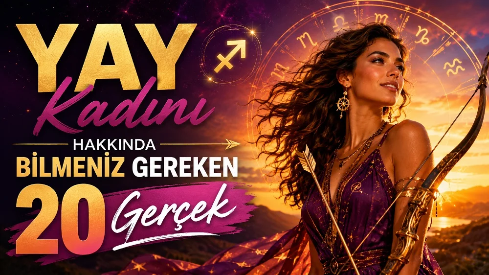 Yay Kadını Hakkında Bilmeniz Gereken 20 Gerçek başlıklı, yay tutan kadın figürü, Yay burcu sembolü, astroloji çemberi ve gün batımı atmosferi bulunan modern astroloji kapak görseli.