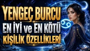 Yengeç burcunun en iyi ve en kötü kişilik özelliklerini anlatan; Yengeç sembolü, burç çarkı, ay, deniz, yengeç figürü ve kadın portresi içeren mavi altın tonlarda astrolojik kapak görseli.