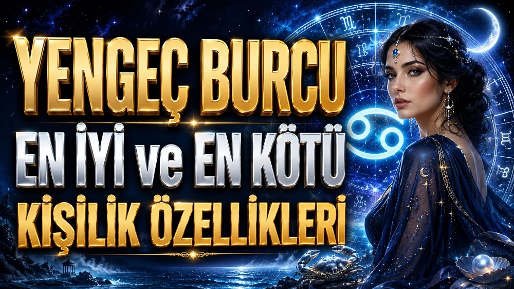 Yengeç burcunun en iyi ve en kötü kişilik özelliklerini anlatan; Yengeç sembolü, burç çarkı, ay, deniz, yengeç figürü ve kadın portresi içeren mavi altın tonlarda astrolojik kapak görseli.