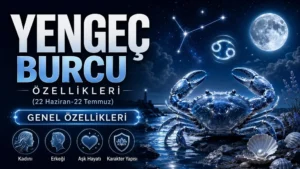 Yengeç burcu başlığı, yengeç figürü, dolunay, yıldızlı gökyüzü, burç sembolü ve genel özellik simgeleriyle hazırlanmış astroloji kapak görseli.
