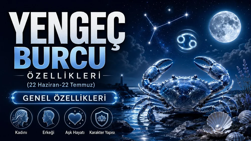 Yengeç burcu başlığı, yengeç figürü, dolunay, yıldızlı gökyüzü, burç sembolü ve genel özellik simgeleriyle hazırlanmış astroloji kapak görseli.