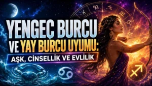 Yengeç Burcu ve Yay Burcu Uyumu Aşk Cinsellik ve Evlilik başlıklı, yengeç sembolü, yay oku, ay, yıldızlar ve astroloji çemberi içeren astroloji kapak görseli.
