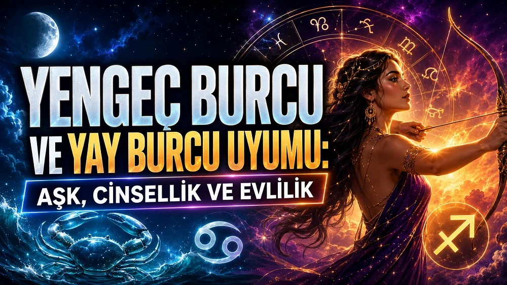 Yengeç Burcu ve Yay Burcu Uyumu Aşk Cinsellik ve Evlilik başlıklı, yengeç sembolü, yay oku, ay, yıldızlar ve astroloji çemberi içeren astroloji kapak görseli.