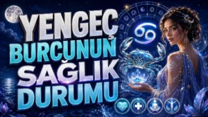 Yengeç Burcunun Sağlık Durumu başlıklı, Yengeç burcu sembolü, yengeç figürü, ay ışığı, astroloji çemberi, su teması, sağlık ikonları ve zarif kadın figürü içeren astroloji kapak tasarımı.