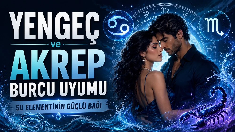 Yengeç ve Akrep Burcu Uyumu: Su Elementinin Güçlü Bağı başlıklı, romantik çift figürü, Yengeç ve Akrep burcu sembolleri, su dalgaları ve astroloji çemberi detayları bulunan modern kapak görseli.