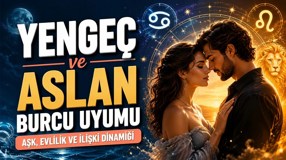 Yengeç ve Aslan Burcu Uyumu: Aşk, Evlilik ve İlişki Dinamiği başlıklı, romantik çift figürü, Yengeç ve Aslan burcu sembolleri, ay ışığı, aslan detayı ve astroloji çemberi bulunan modern kapak görseli.