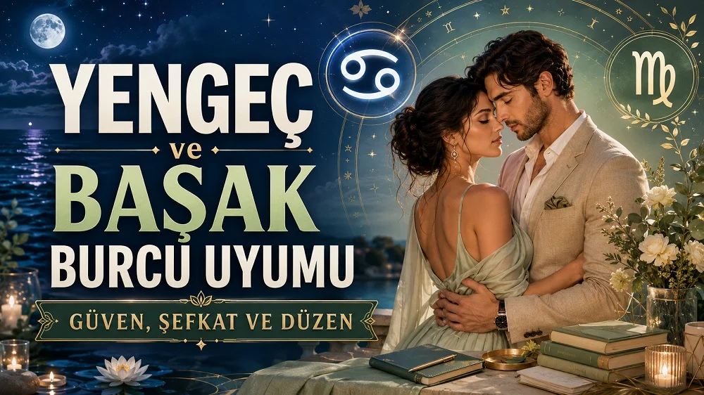 Yengeç ve Başak Burcu Uyumu: Güven, Şefkat ve Düzen başlıklı, romantik çift figürü, Yengeç ve Başak burcu sembolleri, ay ışığı, kitaplar ve çiçek detayları bulunan modern astroloji kapak görseli.