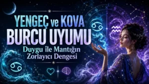 Yengeç ve Kova burcu uyumunu anlatan, su ve hava sembolleriyle hazırlanmış mavi mor tonlarda astrolojik kapak görseli.