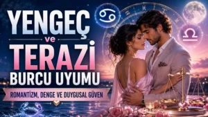 Yengeç ve Terazi Burcu Uyumu: Romantizm, Denge ve Duygusal Güven başlıklı, romantik çift figürü, Yengeç ve Terazi burcu sembolleri, terazi detayı ve ay ışıklı gökyüzü bulunan modern astroloji kapak görseli.
