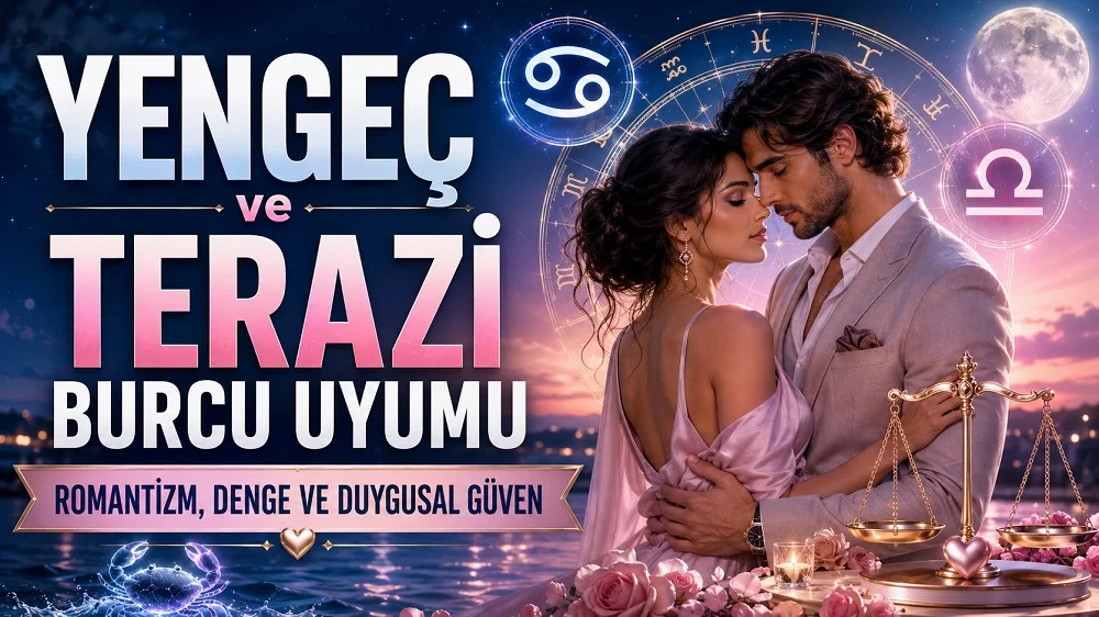 Yengeç ve Terazi Burcu Uyumu: Romantizm, Denge ve Duygusal Güven başlıklı, romantik çift figürü, Yengeç ve Terazi burcu sembolleri, terazi detayı ve ay ışıklı gökyüzü bulunan modern astroloji kapak görseli.