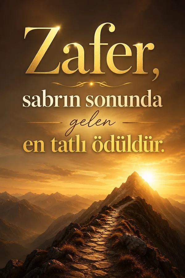 Gün doğumunda dağ zirvesine çıkan taş yol üzerinde, sabrın sonunda gelen zaferi anlatan sözün yer aldığı yazılı tasarım.