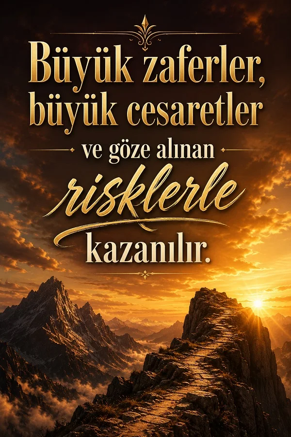 Dağlık manzara ve gün batımı eşliğinde, büyük zaferlerin cesaret ve risklerle kazanıldığını anlatan sözün yer aldığı yazılı tasarım.