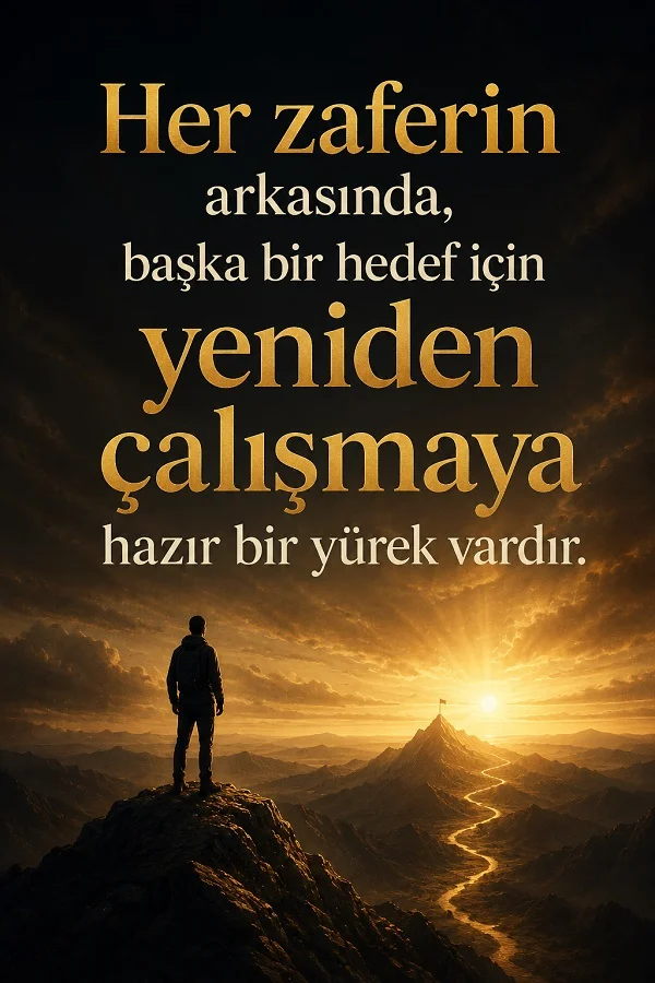 Bir tepe üzerinde duran insan silüeti ve gün ışığıyla aydınlanan manzara önünde, her zaferin ardından yeni hedefler için çalışma mesajı veren yazılı tasarım.