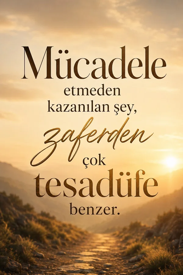 Doğa yolunun yer aldığı açık tonlu manzara üzerinde, mücadele edilmeden kazanılan şeyin tesadüfe benzediğini anlatan yazılı tasarım.