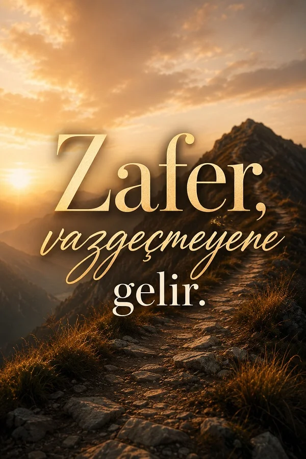 Dağ yamacındaki patika yol fonunda, zaferin vazgeçmeyene geldiğini anlatan kısa sözün yer aldığı yazılı tasarım.