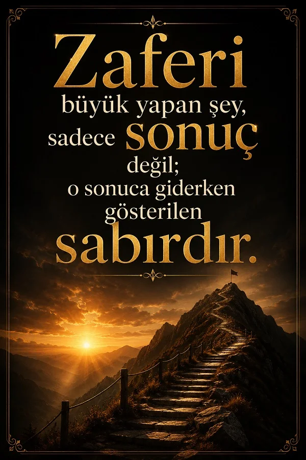 Gün batımında zirveye çıkan merdivenli dağ yolu üzerinde, zaferi büyük yapan şeyin sabır olduğunu anlatan yazılı tasarım.