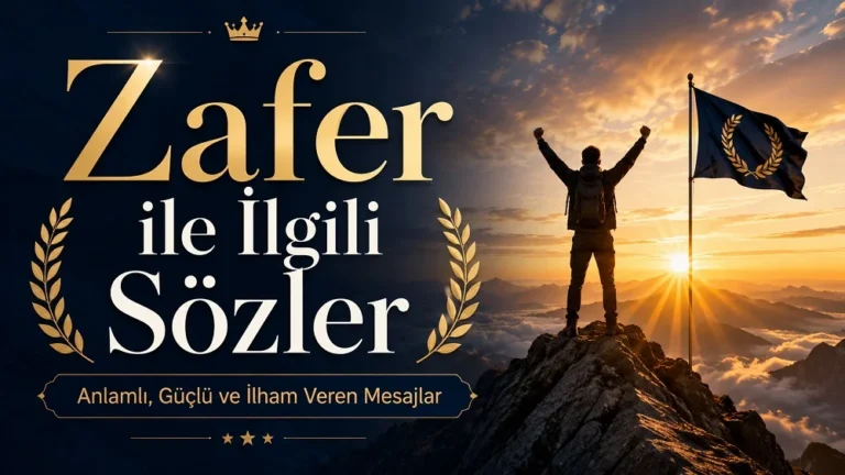 Dağın zirvesinde kollarını kaldırmış bir figür, zafer bayrağı, gün doğumu ve büyük altın tipografiyle hazırlanmış “Zafer ile İlgili Sözler: Anlamlı, Güçlü ve İlham Veren Mesajlar” başlıklı modern kapak görseli.
