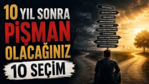 Karanlık ve aydınlık iki yol arasında oturan düşünceli erkek, pişmanlık yaratabilecek seçimleri gösteren yön tabelaları ve büyük başlık yazılarıyla hazırlanmış kişisel gelişim temalı kapak tasarımı.