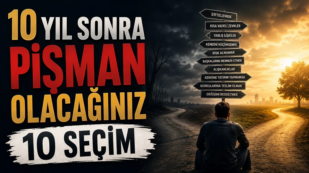 Karanlık ve aydınlık iki yol arasında oturan düşünceli erkek, pişmanlık yaratabilecek seçimleri gösteren yön tabelaları ve büyük başlık yazılarıyla hazırlanmış kişisel gelişim temalı kapak tasarımı.