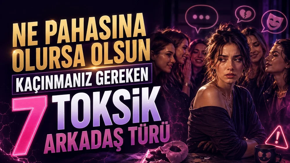 Kalabalık bir arkadaş grubu içinde üzgün ve dışlanmış görünen kadın, fısıldaşan kişiler, uyarı simgesi ve büyük başlık yazılarıyla hazırlanmış toksik arkadaşlık temalı kapak tasarımı.