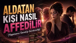 Düşünceli bir kadın, arka planda başını öne eğmiş bir erkek, kırık kalp simgesi ve büyük başlık yazılarıyla hazırlanmış aldatma sonrası affetme ve ilişkiye devam etme temalı kapak tasarımı.