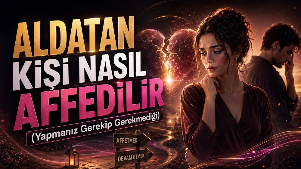 Düşünceli bir kadın, arka planda başını öne eğmiş bir erkek, kırık kalp simgesi ve büyük başlık yazılarıyla hazırlanmış aldatma sonrası affetme ve ilişkiye devam etme temalı kapak tasarımı.
