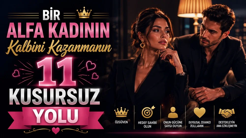 Şık ve karanlık bir ortamda kendinden emin duran güçlü kadın ile ona ilgiyle bakan erkek figürü, taç, kalp ve büyük başlık yazılarıyla hazırlanmış alfa kadın ve ilişki temalı kapak tasarımı.