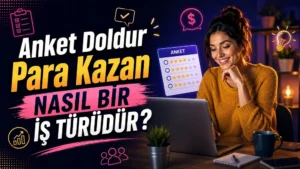 Anket Doldur Para Kazan Nasıl Bir İş Türüdür başlıklı, laptop başında anket dolduran kadın figürlü, anket formu ve dijital ikonlarla hazırlanmış modern online kazanç kapak görseli.