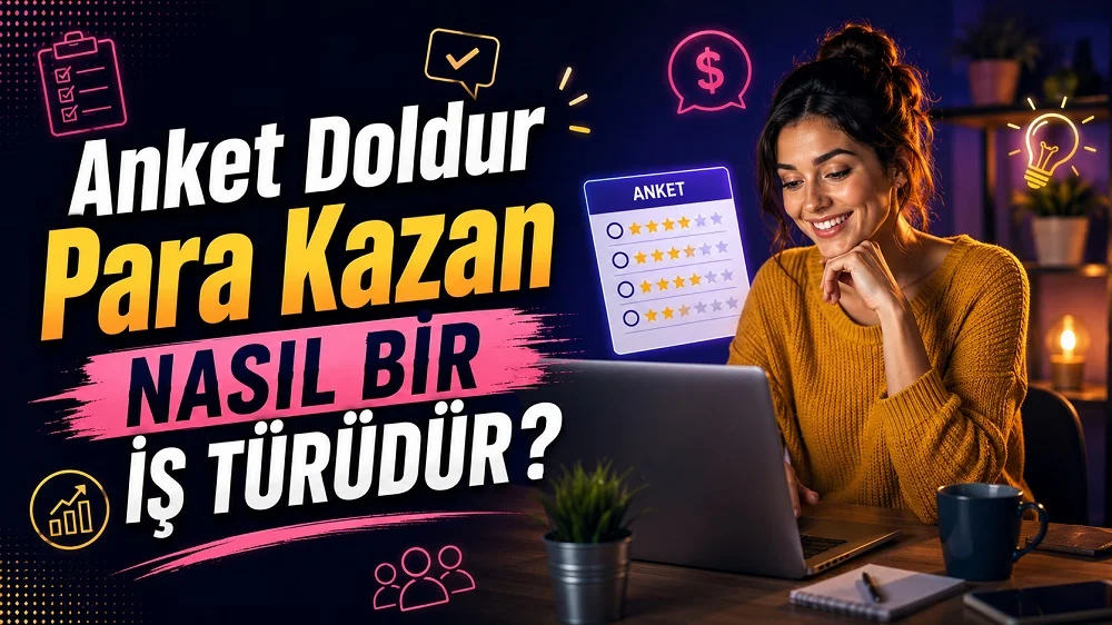 Anket Doldur Para Kazan Nasıl Bir İş Türüdür başlıklı, laptop başında anket dolduran kadın figürlü, anket formu ve dijital ikonlarla hazırlanmış modern online kazanç kapak görseli.
