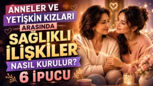 Sıcak ev ortamında birbirine sevgiyle bakan anne ve yetişkin kızı, kalp ışıkları ve büyük başlık yazılarıyla hazırlanmış sağlıklı aile ilişkileri temalı kapak tasarımı.
