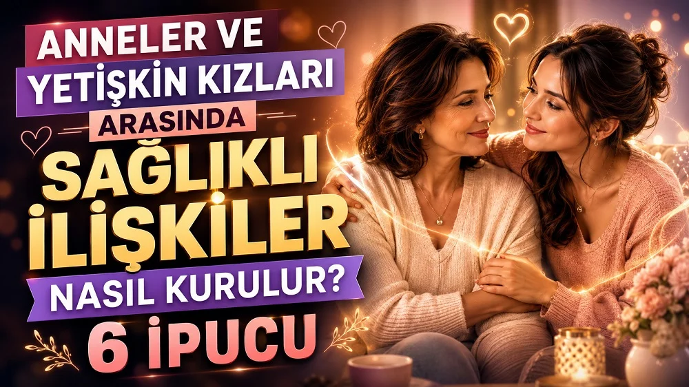 Sıcak ev ortamında birbirine sevgiyle bakan anne ve yetişkin kızı, kalp ışıkları ve büyük başlık yazılarıyla hazırlanmış sağlıklı aile ilişkileri temalı kapak tasarımı.