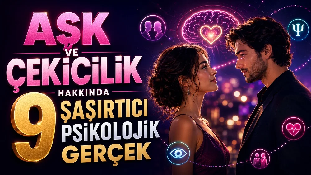 Neon ışıklı gece fonunda birbirine bakan romantik çift, beyin, kalp, göz ve psikoloji simgeleriyle hazırlanmış aşk ve çekicilik hakkında psikolojik gerçekler temalı kapak tasarımı.