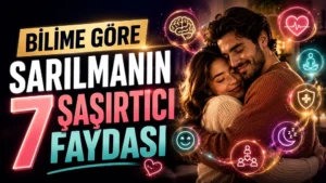 Birbirine sevgiyle sarılan romantik çift, kalp, beyin, uyku ve sağlık simgeleriyle hazırlanmış sarılmanın faydalarını anlatan kapak tasarımı.