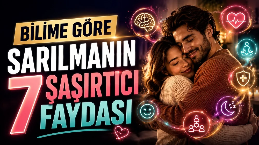 Birbirine sevgiyle sarılan romantik çift, kalp, beyin, uyku ve sağlık simgeleriyle hazırlanmış sarılmanın faydalarını anlatan kapak tasarımı.