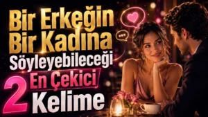 Romantik bir ortamda birbirine gülümseyerek bakan kadın ve erkek, kalp ve konuşma balonu simgeleriyle hazırlanmış, etkileyici sözler temalı kapak tasarımı.