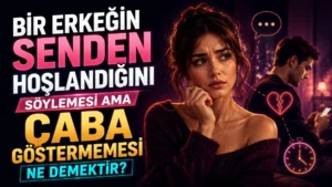 Düşünceli bir kadın ve arka planda telefonuna bakan mesafeli erkek figürü, kırık kalp, konuşma balonu ve saat simgeleriyle hazırlanmış ilişkide çabasızlık temalı kapak tasarımı.