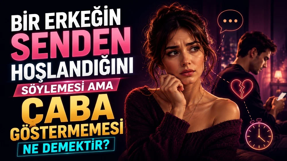 Düşünceli bir kadın ve arka planda telefonuna bakan mesafeli erkek figürü, kırık kalp, konuşma balonu ve saat simgeleriyle hazırlanmış ilişkide çabasızlık temalı kapak tasarımı.