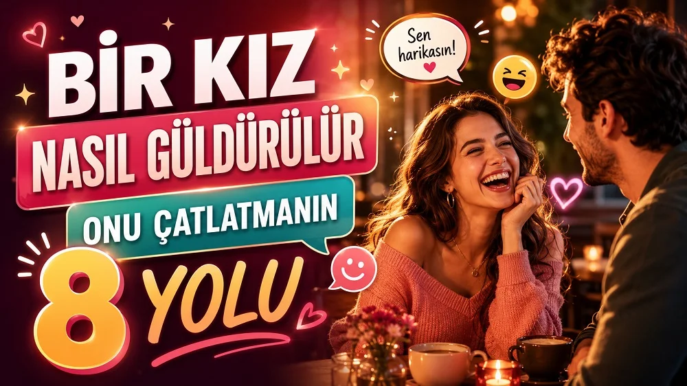 Romantik bir kafe ortamında karşısındaki erkekle kahkaha atan genç kadın, kalp, gülümseme ve konuşma balonu simgeleriyle hazırlanmış eğlenceli flört temalı kapak tasarımı.