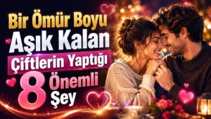 Sıcak ve romantik bir ortamda birbirine sevgiyle sarılan mutlu çift, kalp simgeleri ve büyük başlık yazılarıyla hazırlanmış uzun ömürlü aşk temalı kapak tasarımı.